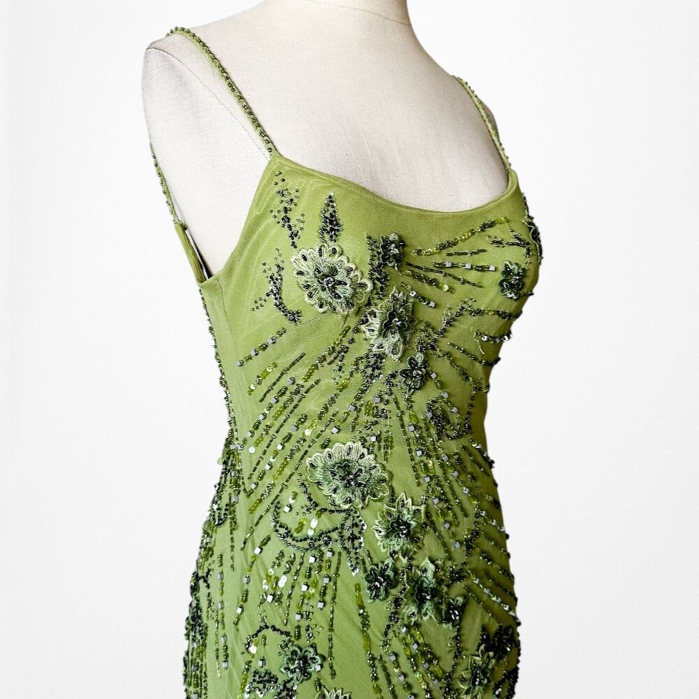 Vintage Y2K Olive Green Floral Beaded Bodycon Prom Shawl Dress Size S - Picture 12 of 17